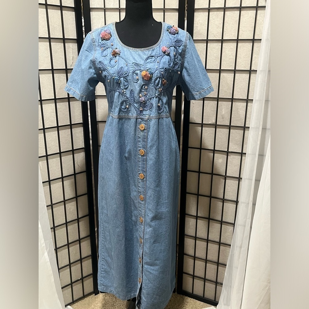 Monique FASHION Blue Denim RETRO DRESS with Gold and Pink Floral Embroidery SZ 8